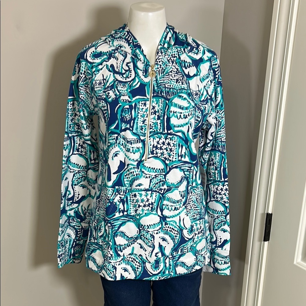 Lilly Pulitzer Hooded Skipper Indigo Keep on Trunkin Sweatshirt Elephant M NEW